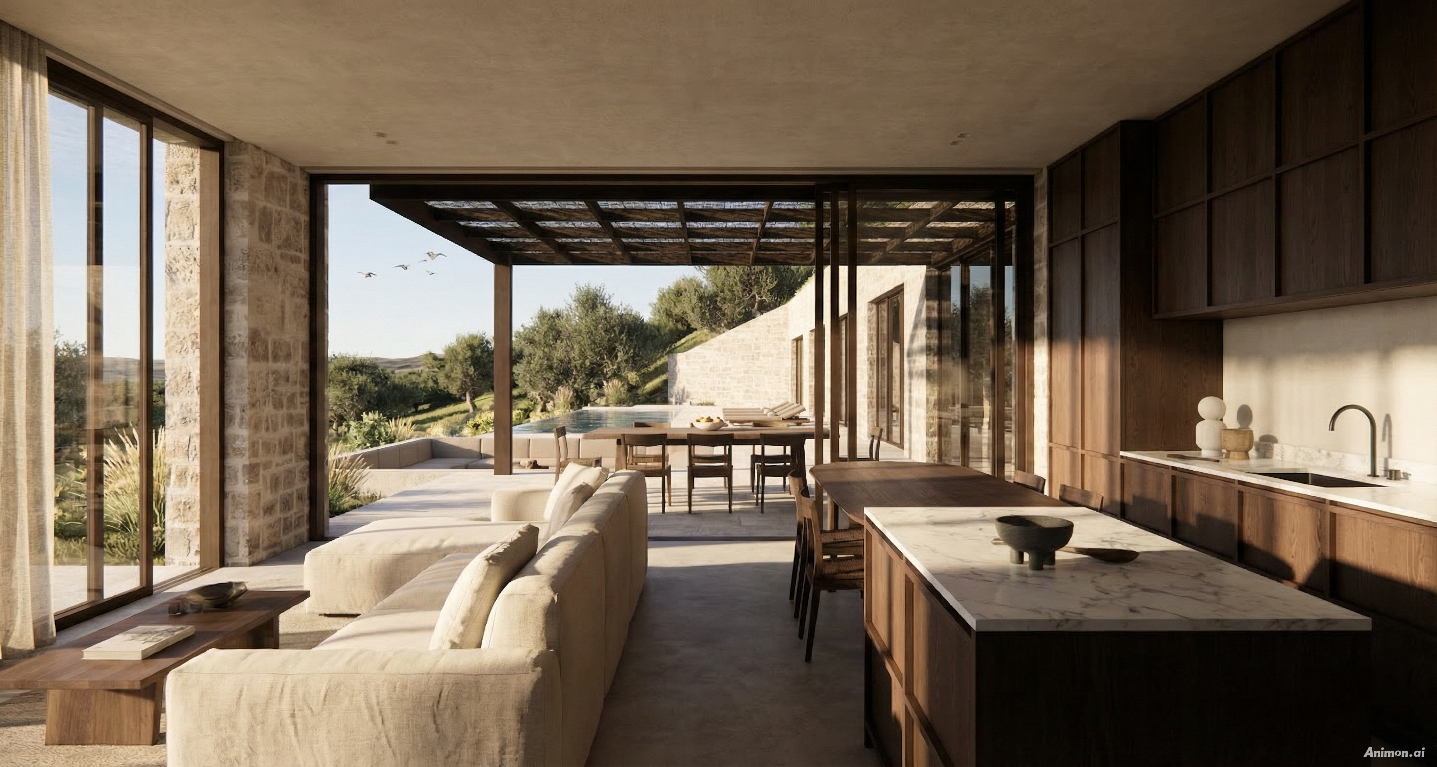 Mediterranean style living room and expansive views over the ocean at Ionian Ilios, Lefkada